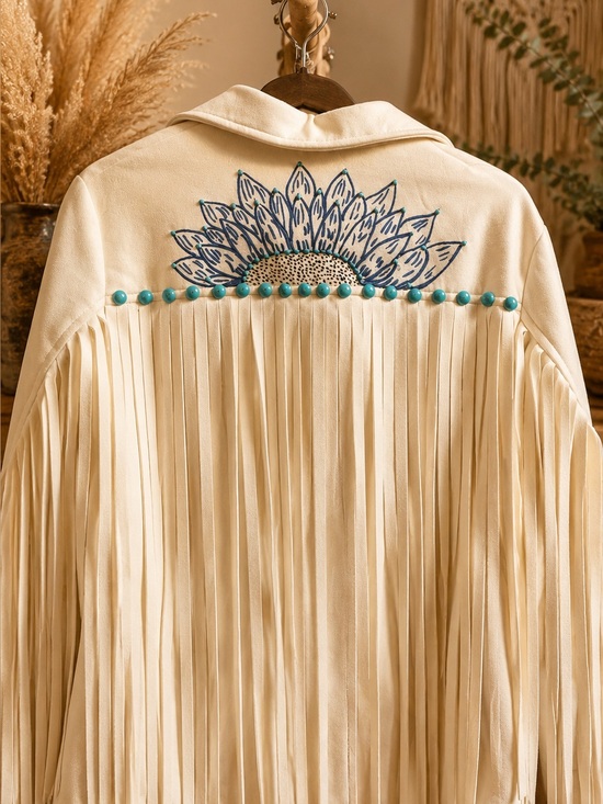 Jackets & Blazers - Cream Fringe engraved Jacket with Turquoise Studs and Blue Sunflower Detail